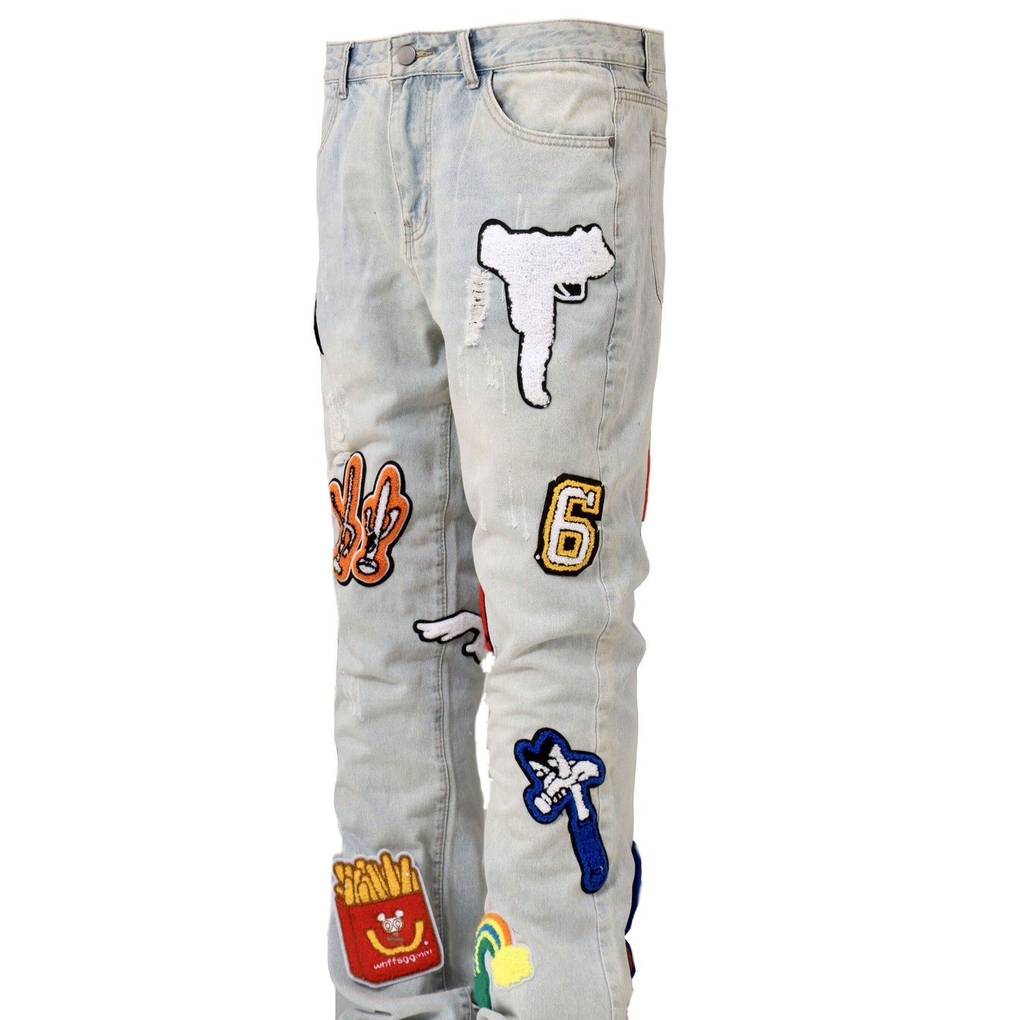 NEW Light Color Irregular Towel Embroidered Slim Straight-leg Denim Trousers