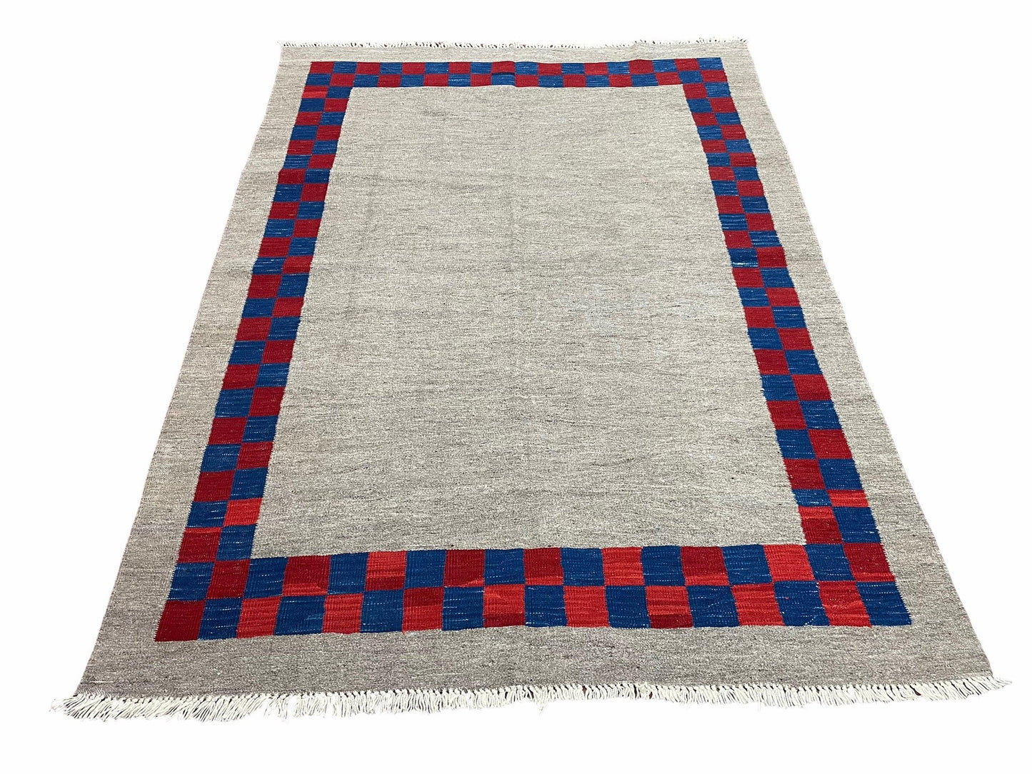 NEW 5' 7" x 7' 9" Geometric Kilim Carpet, Gray, Handmade, Hand-Knotted Area Rug, Blue & Red, Flatweave, Wool, New, Checkerboard Pattern