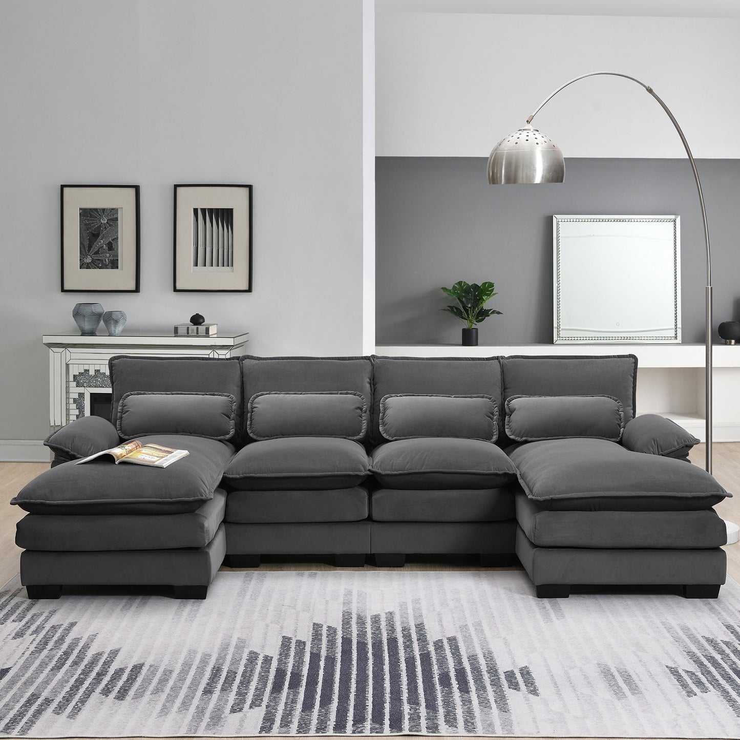 New Modern U-shaped 6-seat Upholstered Sleeper Sofa with Chaise Lounge