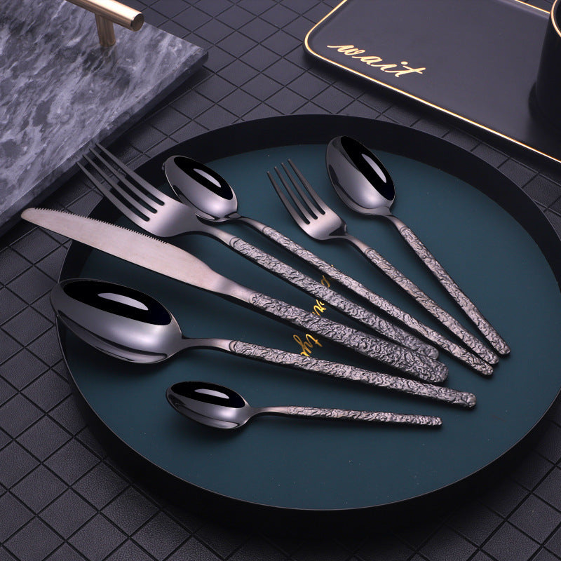 NEW Embossed Black Rose Gold Textured Handle Steak Western Spoon Knife Fork Dinnerware Tableware Set