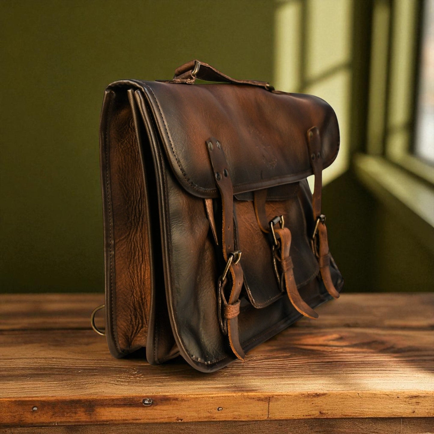NEW Bovine Leather Twin Strap Laptop Bag - Brown