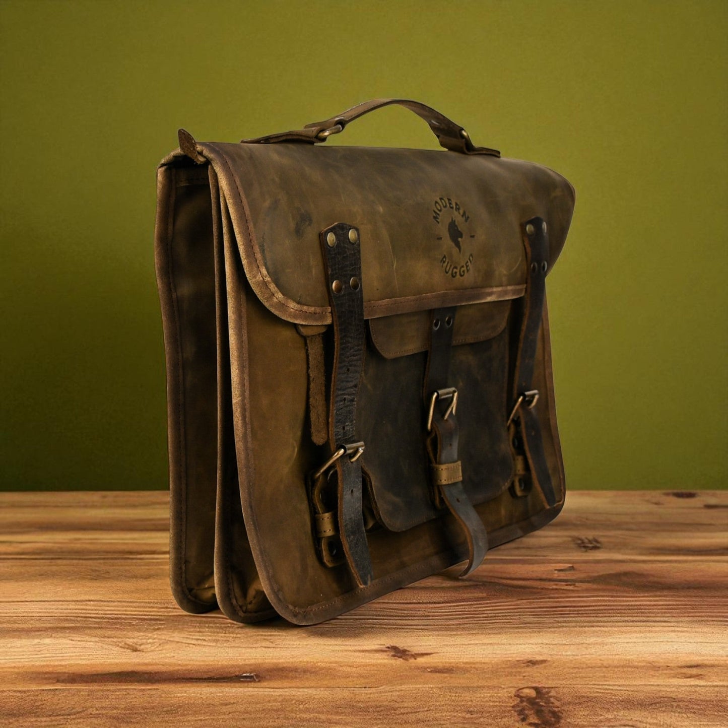 NEW Bovine Leather Twin Strap Laptop Bag - Olive