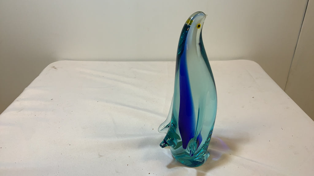 USED Atlaglass Aquamarine Colored Penguin Glass Sculpture