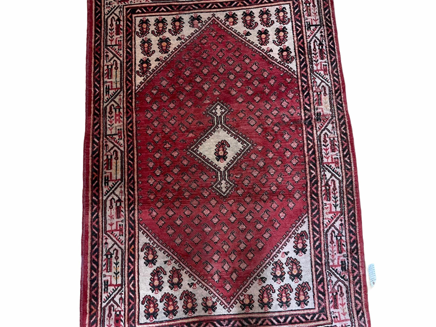 USED 4 X 6.5 Antique Handmade Wool Rug Paisley Boteh Design Tribal Rug Red Ivory