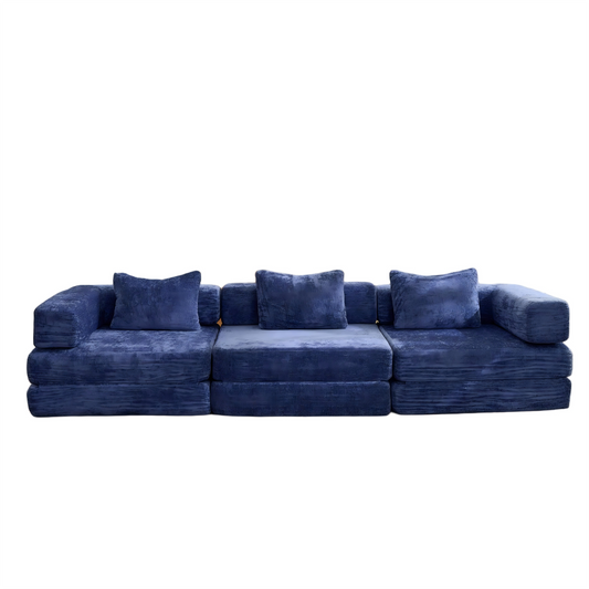 NEW Dark Blue Chenille Fabric Compression Convertible Floor Sofa Bed with Fixed-Shape Frame Boneless Modular Sectional Couch