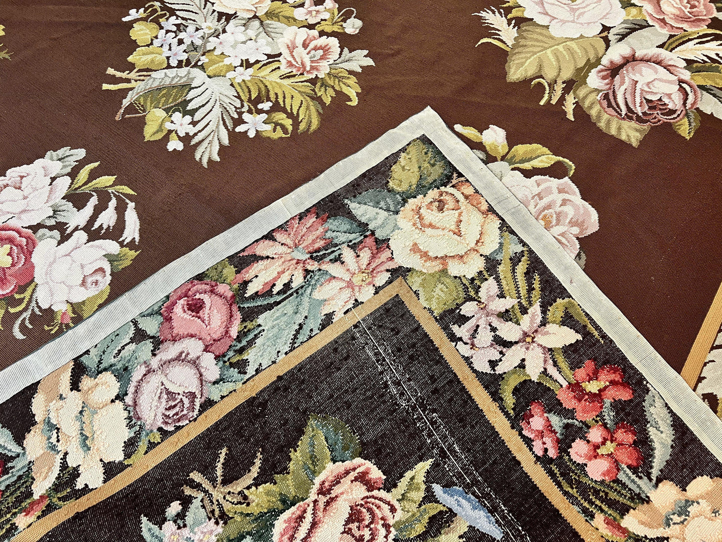 USED Vintage Needlepoint Rug 9x12, Large Handmade Hand-woven Needlepoint Carpet, Brown Area Rug, Floral Bouquets, Wool Rug, European Design