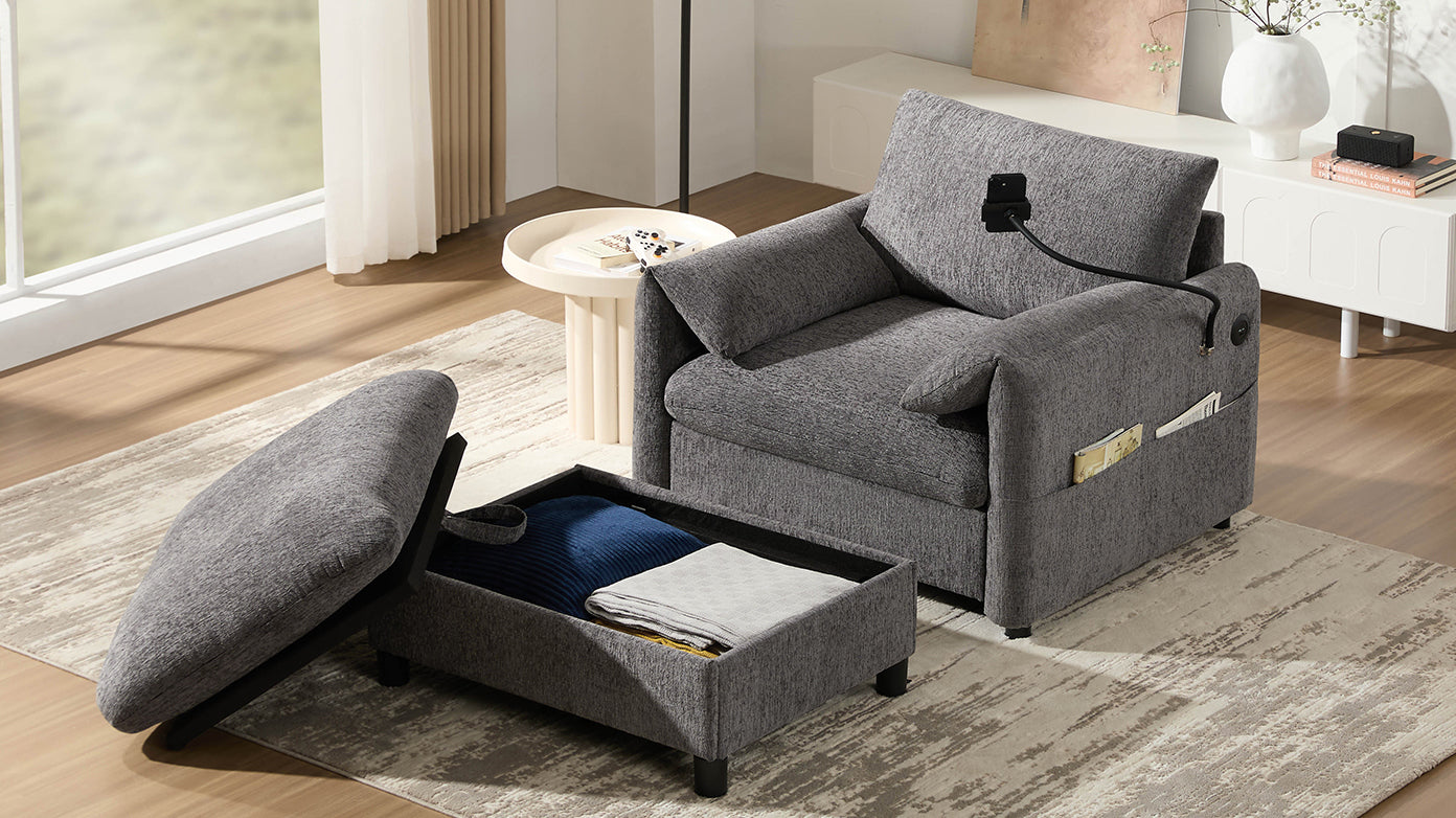 NEW 38' Chenille Single Sofa Wide Seat Chaise Lounge with Storage Ottoman