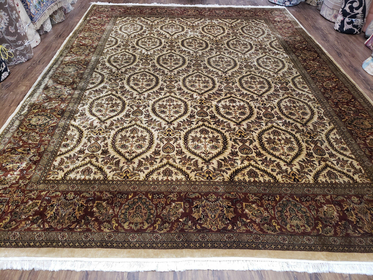 USED Vintage Indo Persian Area Rug 9x12, Wool Hand-Knotted Ivory & Dark Red Oriental Carpet, Fine Weave 9 x 12 Indian Rug, Dining Room Rug