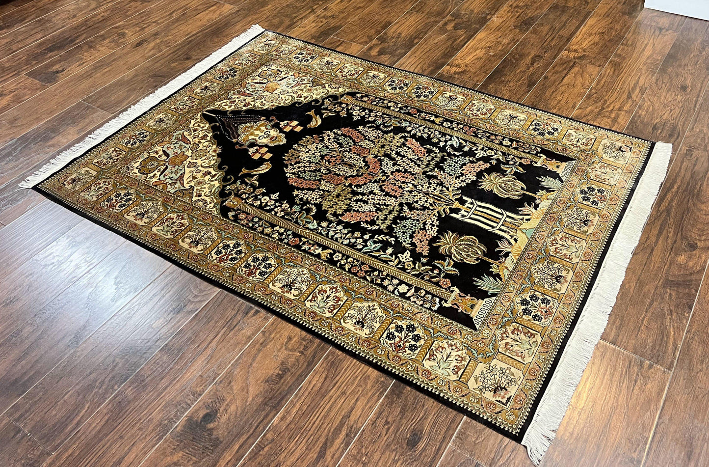 USED Wonderful Sino Persian Silk Rug 4x6, Tree of LIfe Design, Masterpiece 575 KPSI, Birds, Prayer Rug, Black, Silk on Silk