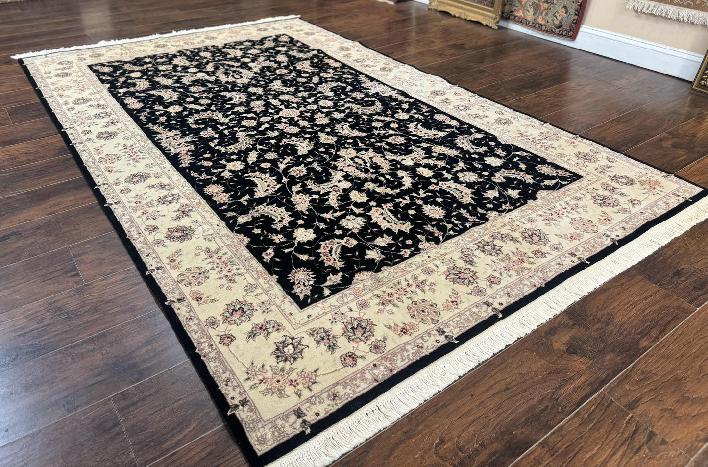 USED Sino Persian Rug 6x9, Black and Ivory, Wool and Silk Highlights, Handmade