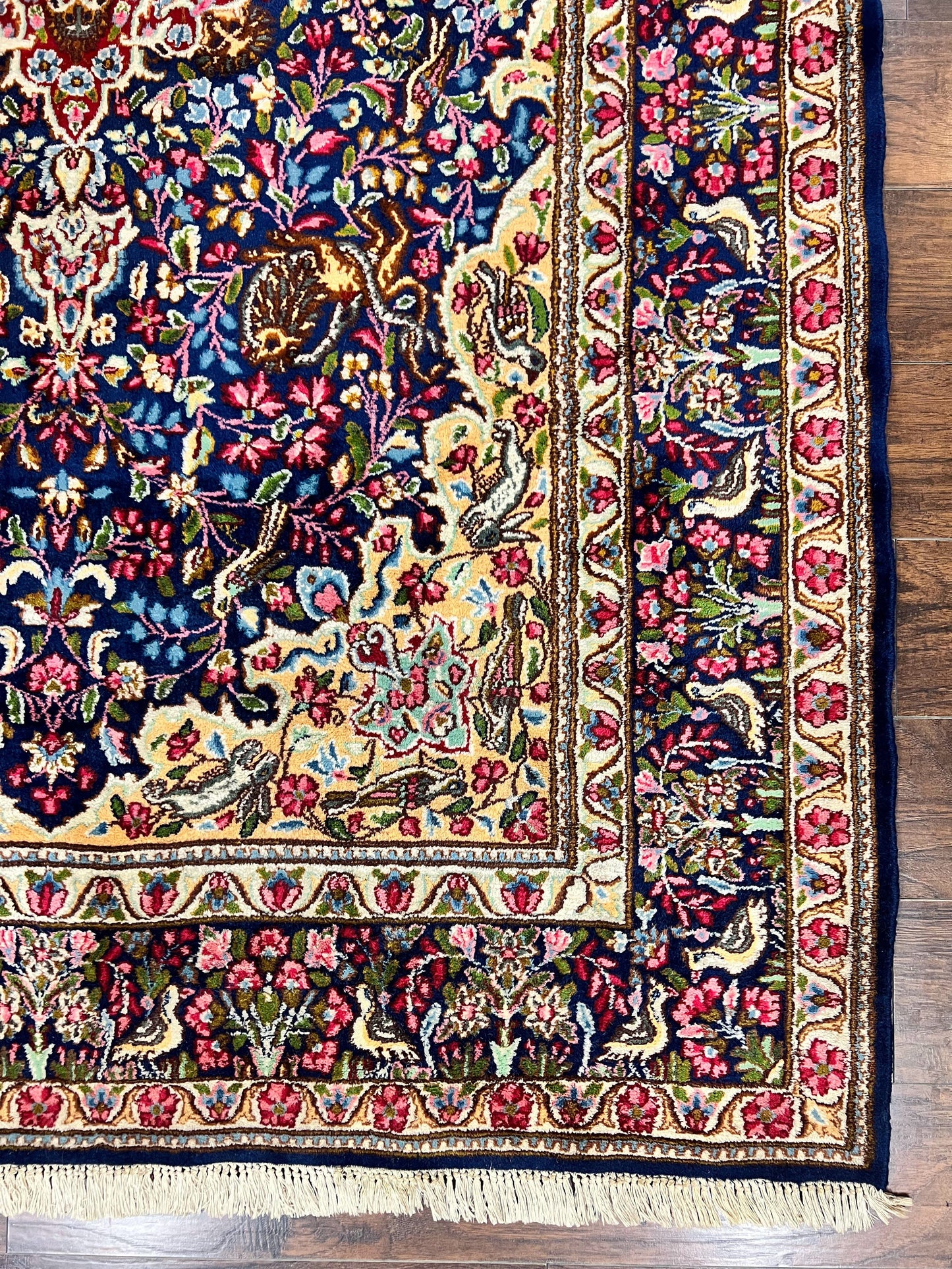 USED Persian Kirman Rug 6x9, Floral Medallion Vintage Wool Handmade Carpet 6 x 9, Animal Pictorials Birds, Semi Antique, Navy Blue, Millefleur