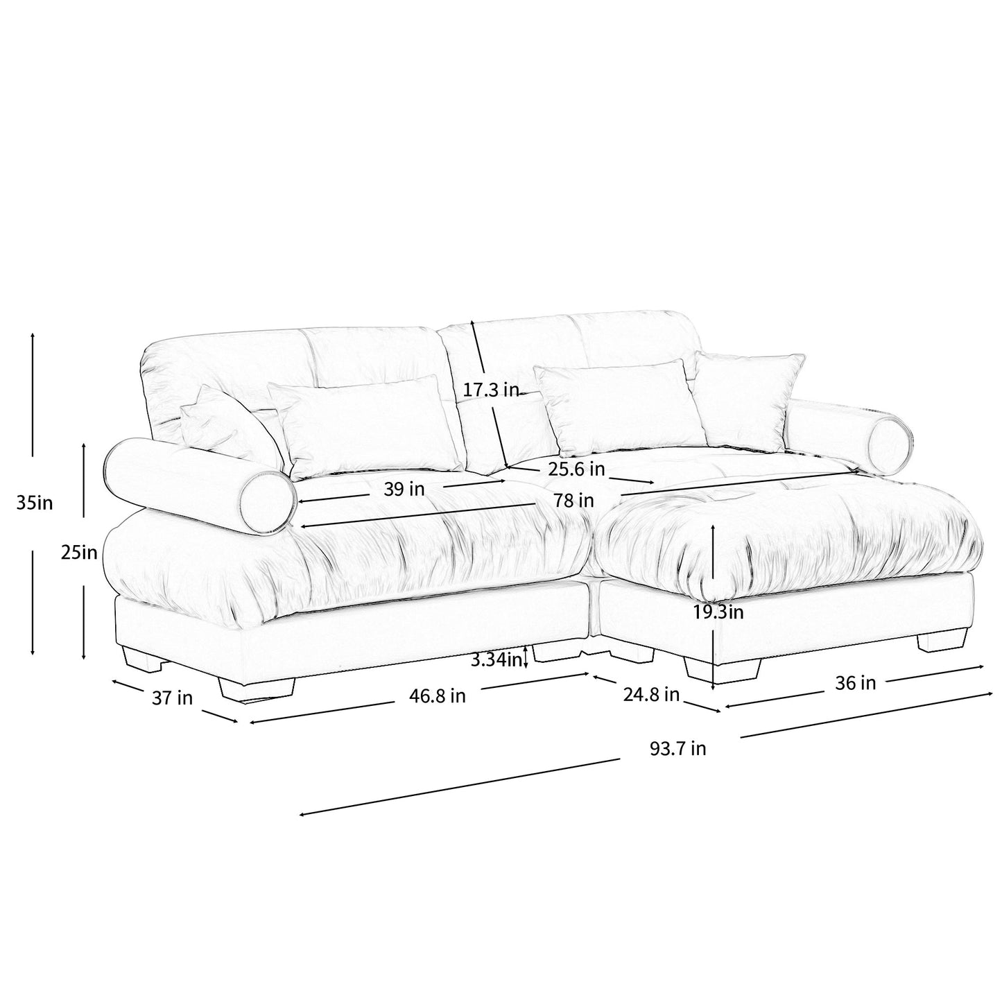 NEW Modern Grey Velvet Two-Seater Sofa with Ottoman and Round Bolster Armrests L Shape