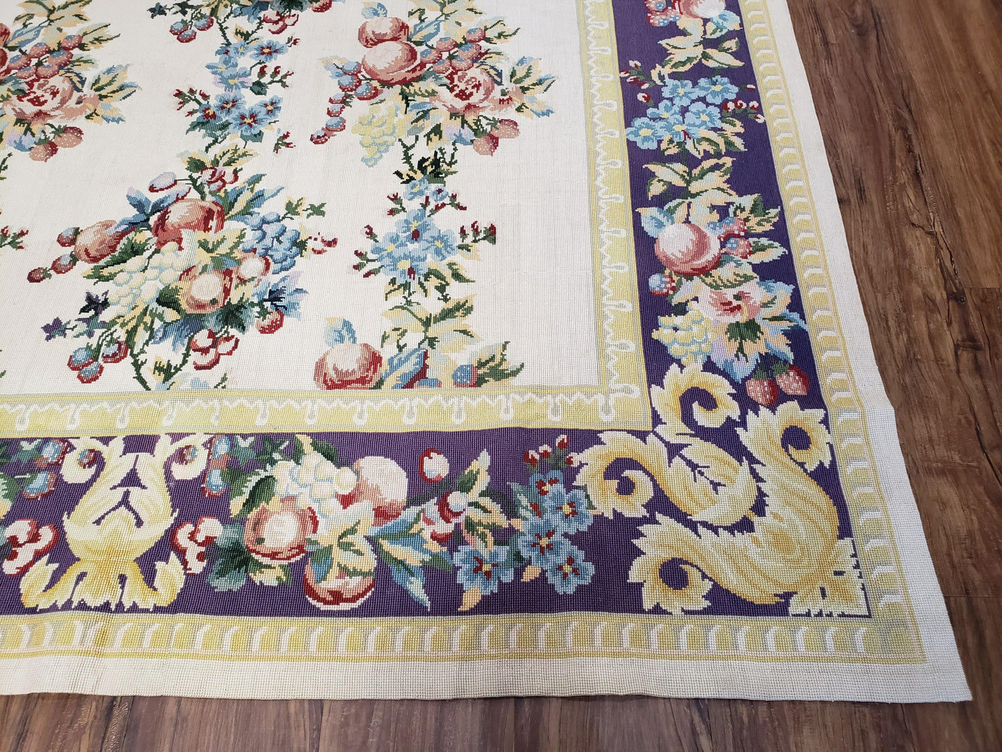 USED Vintage Chinese Floral Needlepoint Area Rug 6x9, Wool Hand-Woven Handmade Flatweave Rug, Ivory & Purple, Fruits Grapes Apples, Dining Room