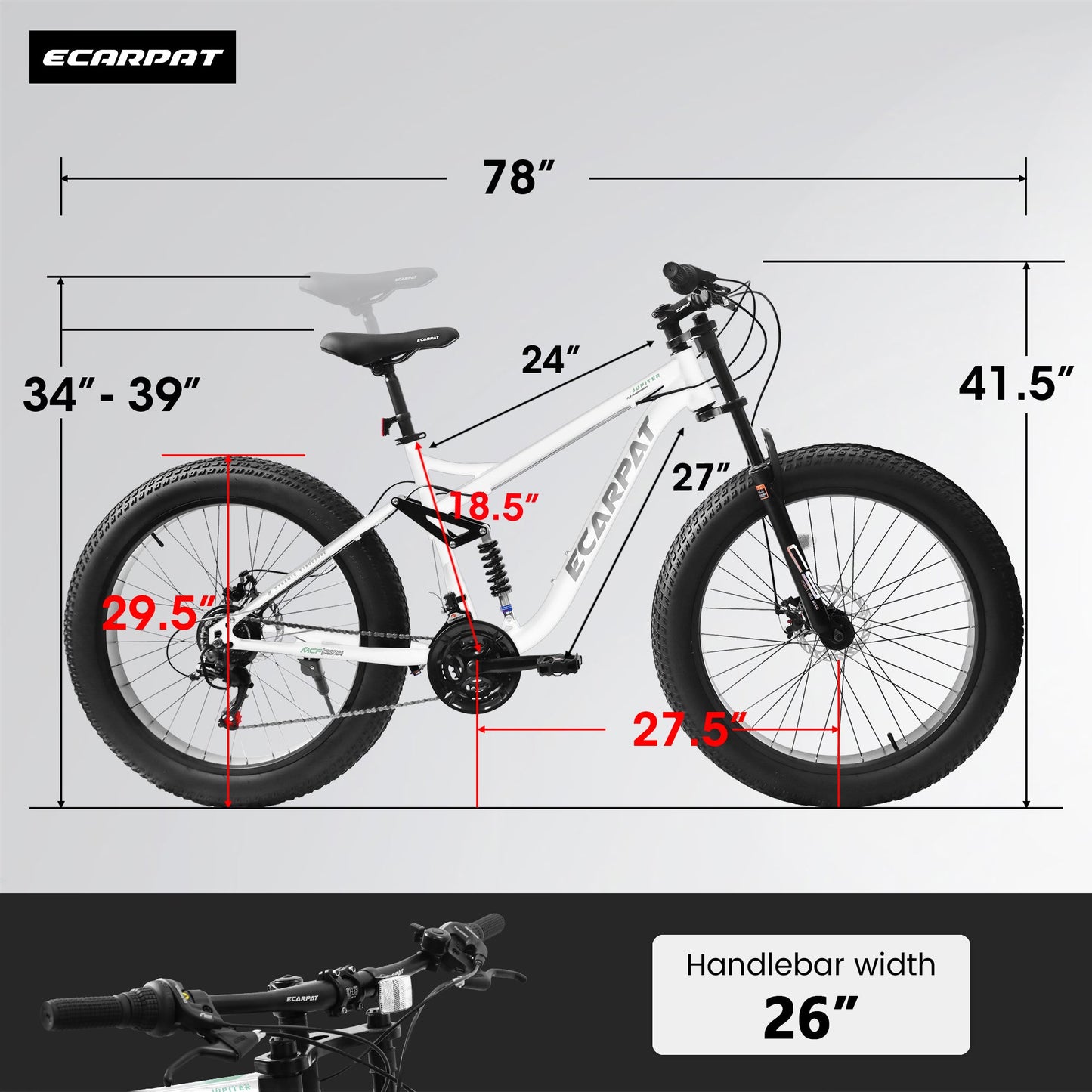 NEW A26309 26 inch Mountain Bike,Full-Suspension 21 Speeds Drivetrain with Disc-Brake MTB Bicycle, 26*4' Fat tire Bike for Men white