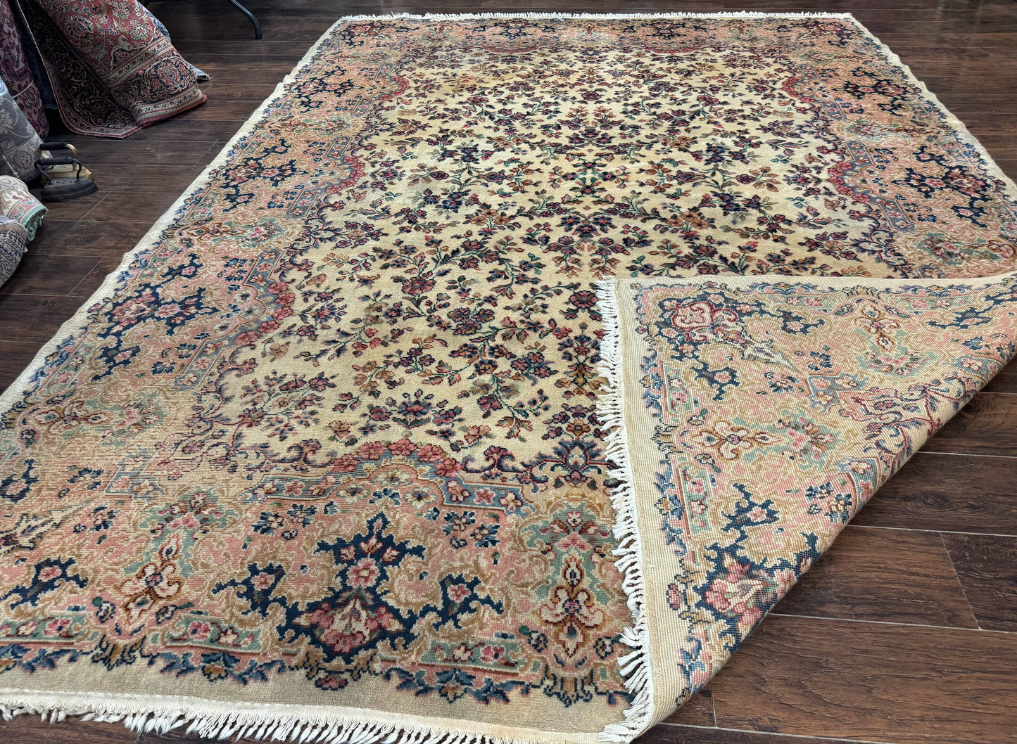 USED Antique Karastan Rug 8.8 x 12 Lanamar Floral Ivory Kirman Wool Discontinued