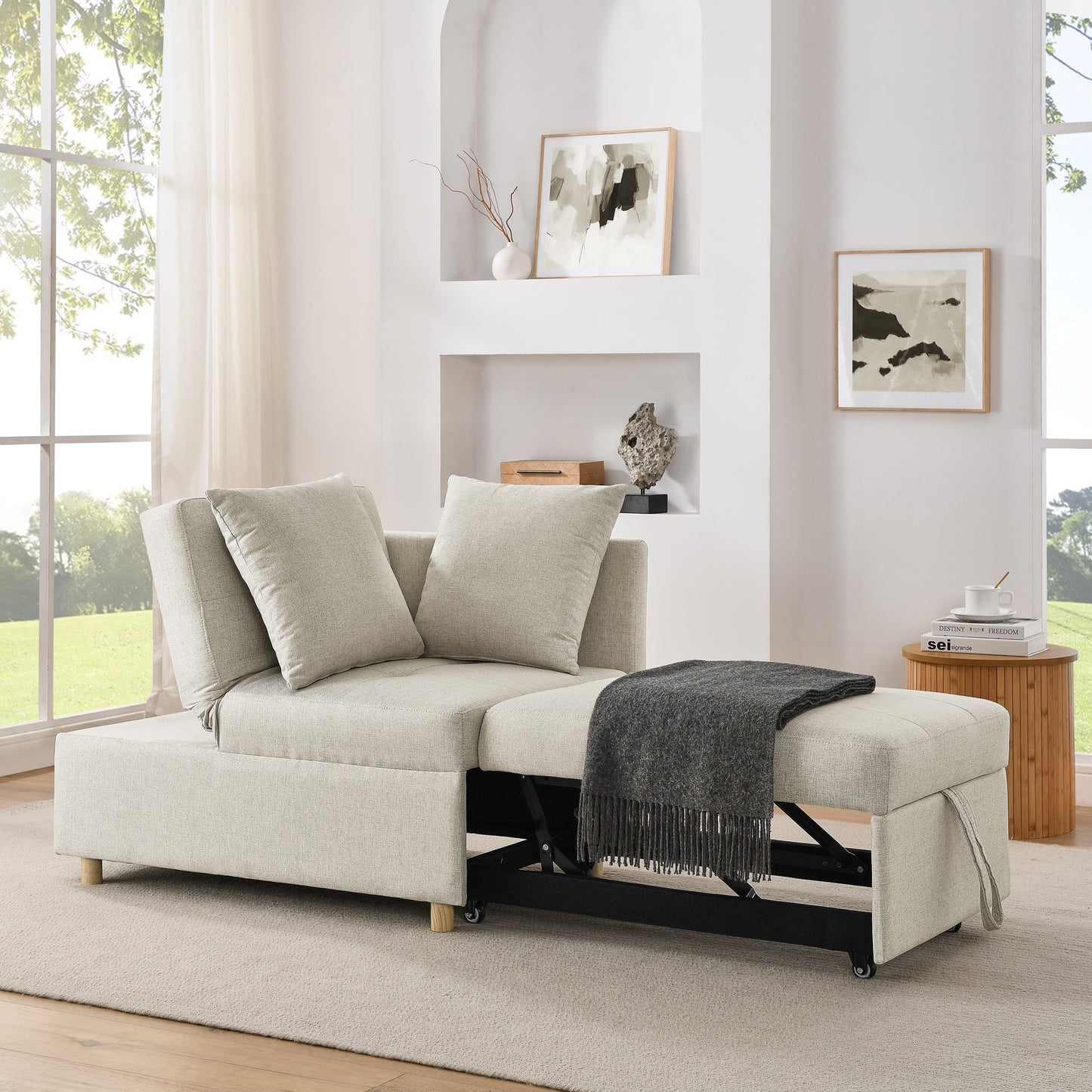 NEW Modern Beige Linen Fabric Convertible Sleeper Sofa Chair Adjustable Backrest Recliner with Pullout Sofa Bed and Wheels