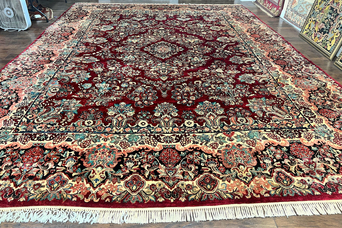USED Persian Sarouk Rug 12x17, Wool Hand Knotted Antique Carpet, Dark Red, Traditional Floral Oriental Rug, 12 x 17 Extra Large Handmade Rug