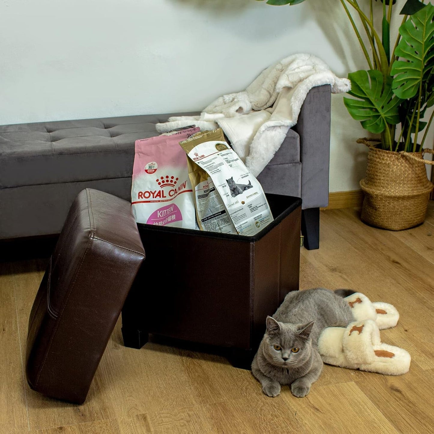 NEW Brown PU Leather Storage Ottoman Featuring CushionedTop
