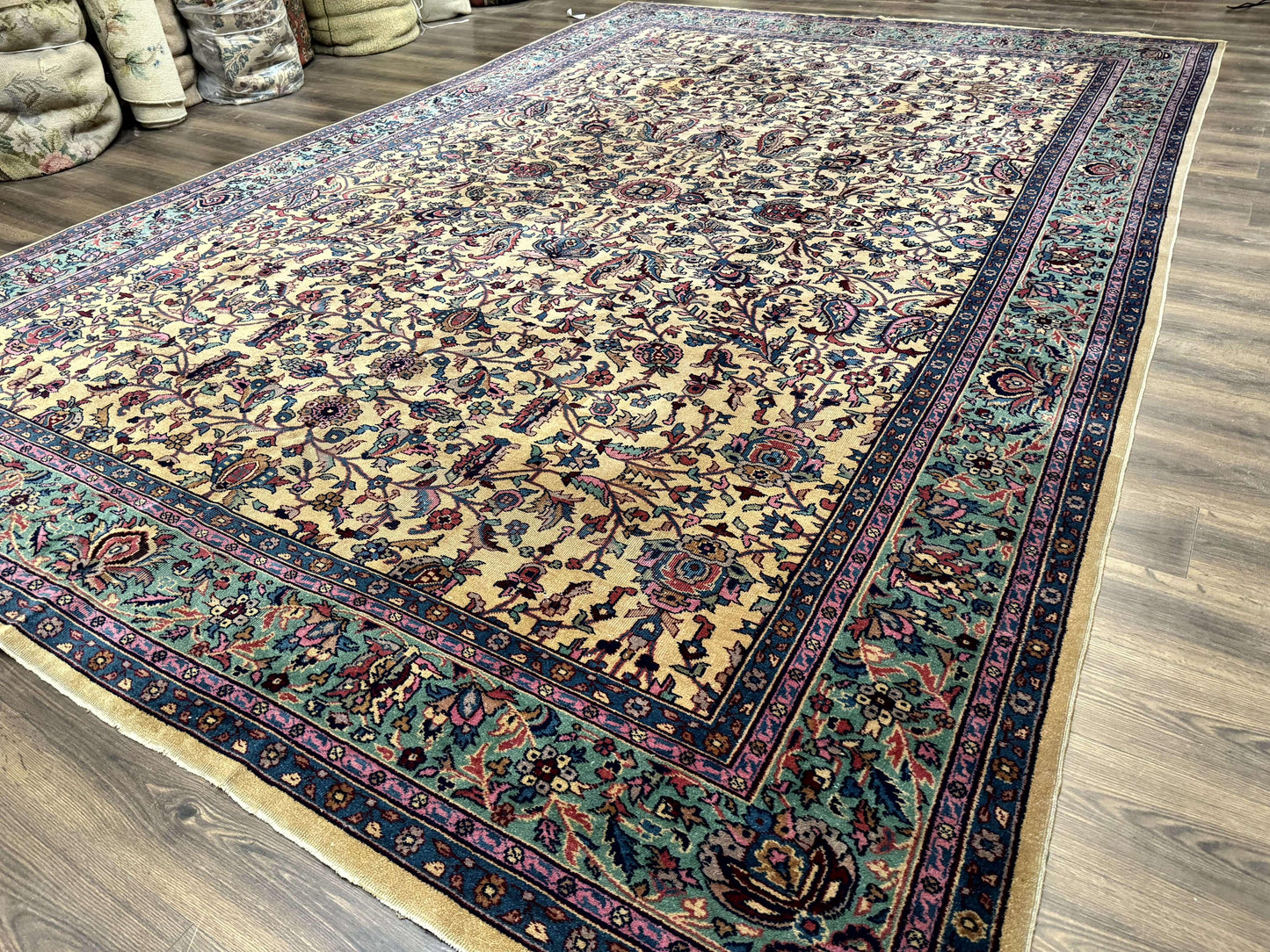 USED Antique Persian Rug 10x15, Camel and Cyan, Allover Pattern, Rare, Samarkand Rug