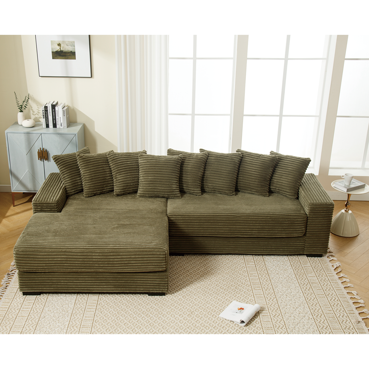 NEW NEW ARRIVED] [VIDEO PROVIDED] Oversized Two-Piece Couches, L Shaped Sofa, Corduroy, Left Chaise Daybed,with Armrests,Eight Throw Pillows,Corner Sofa,Easy To Assemble, Green
