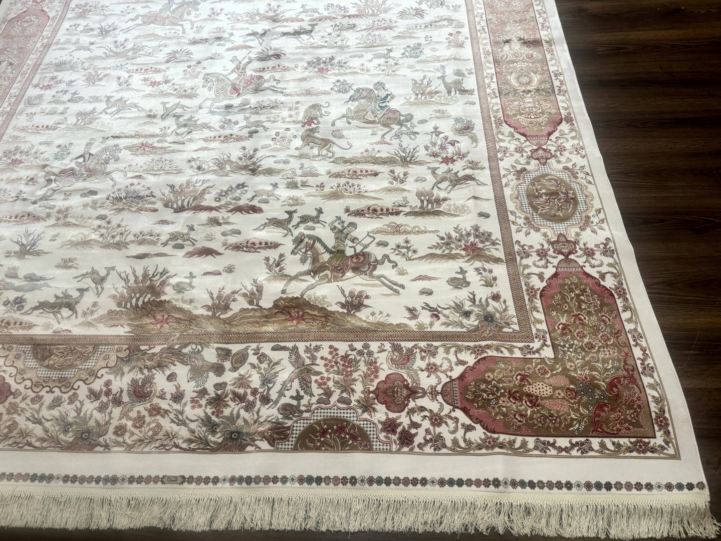 USED Large Turkish Silk Rug 8x10, Ivory, Hunting Design, Bamboo Silk, New