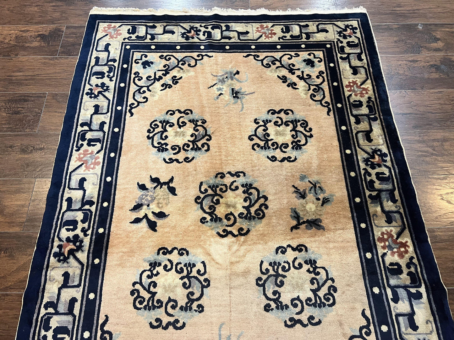USED Chinese Peking Rug 4x6, Wool Hand Knotted Handmade Vintage Semi Antique Carpet, Semi Open Field, Light Peach & Navy Blue, Art Deco Rug