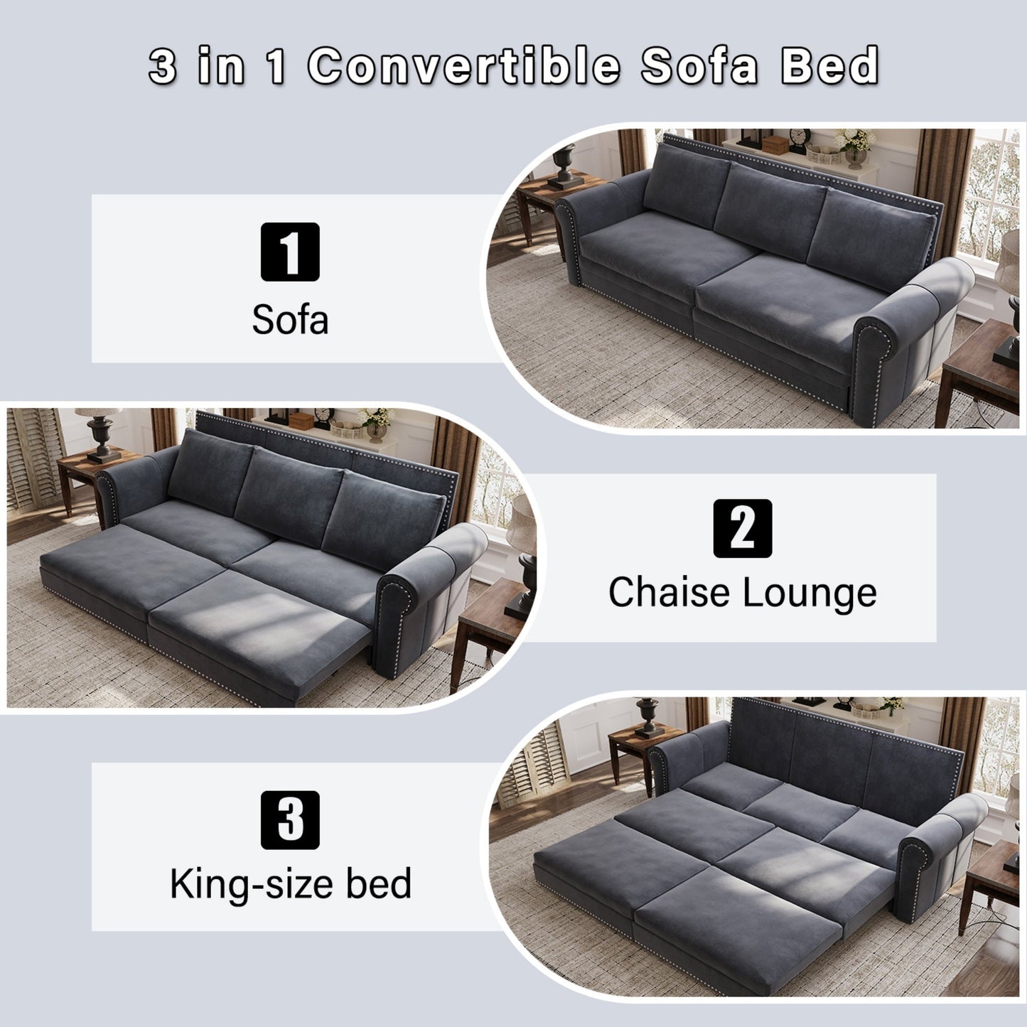 NEW 93.7' King Chesterfield Pull Out Couch Bed 3-in-1 Velvet Convertible Sleeper Sofa with Nailhead Trim & Rolled Arm