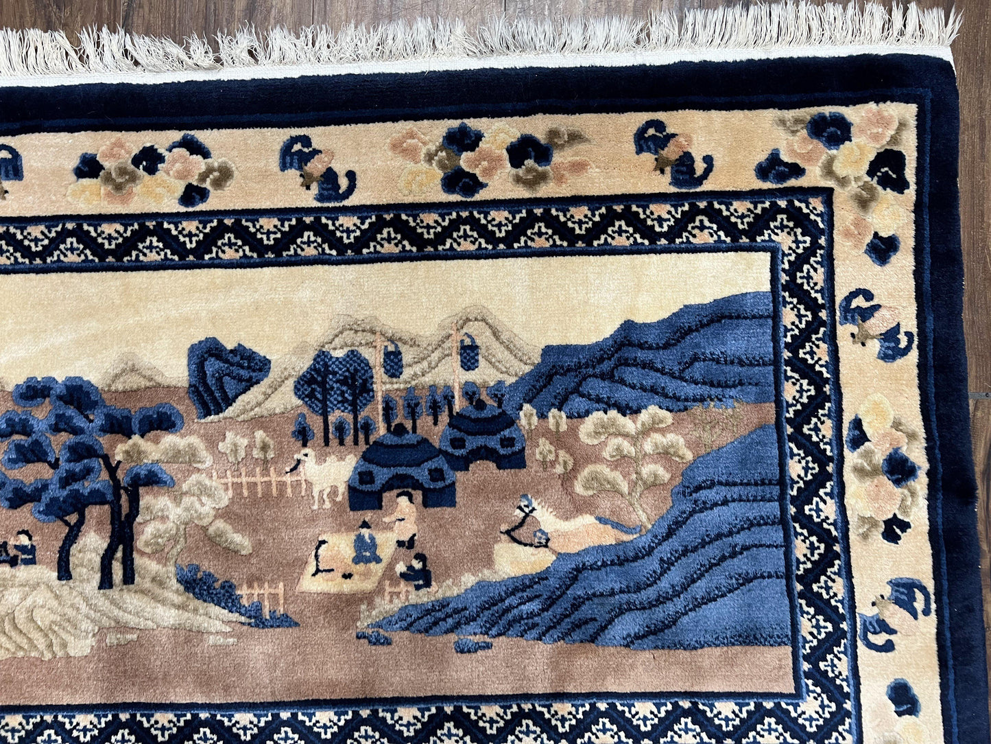 USED Antique Chinese Pictorial Rug 2.7 x 5, Chinese Village and Hills Carpet, Beige and Dark Blue, Handmade, Horizontal Rug Wall Hanging Tapestry