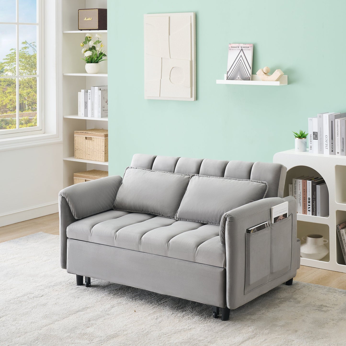 NEW 52 'grey modern velvet sofa, sofa pullout bed, small love seat casual sofa with back, pillow, pockets, living room furniture, 3 in 1 convertible sleep sofa bed.