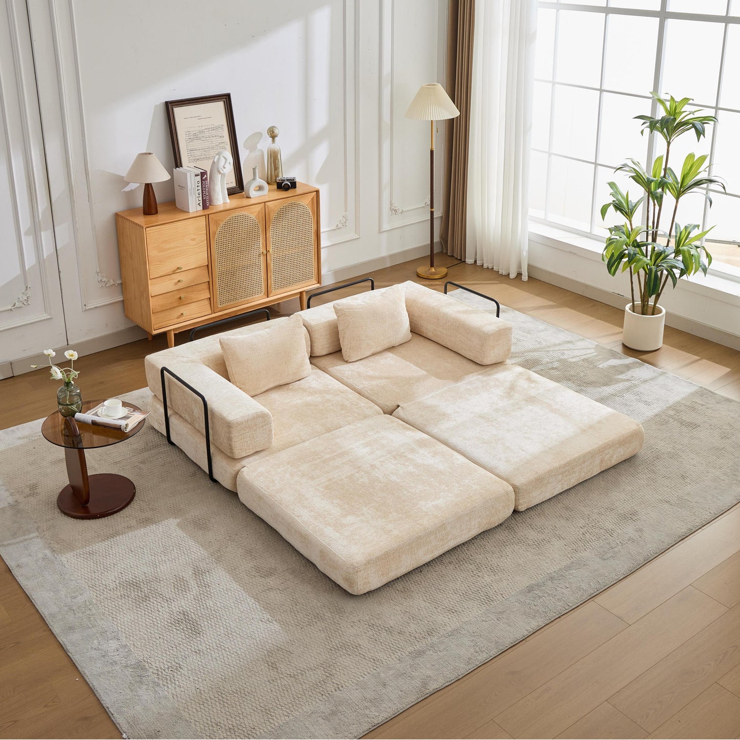 NEW Compression Convertible Floor Fixed-Shape Frame Loveseats Boneless Modular Sectional Sofa Bed in Beige Chenille Fabric