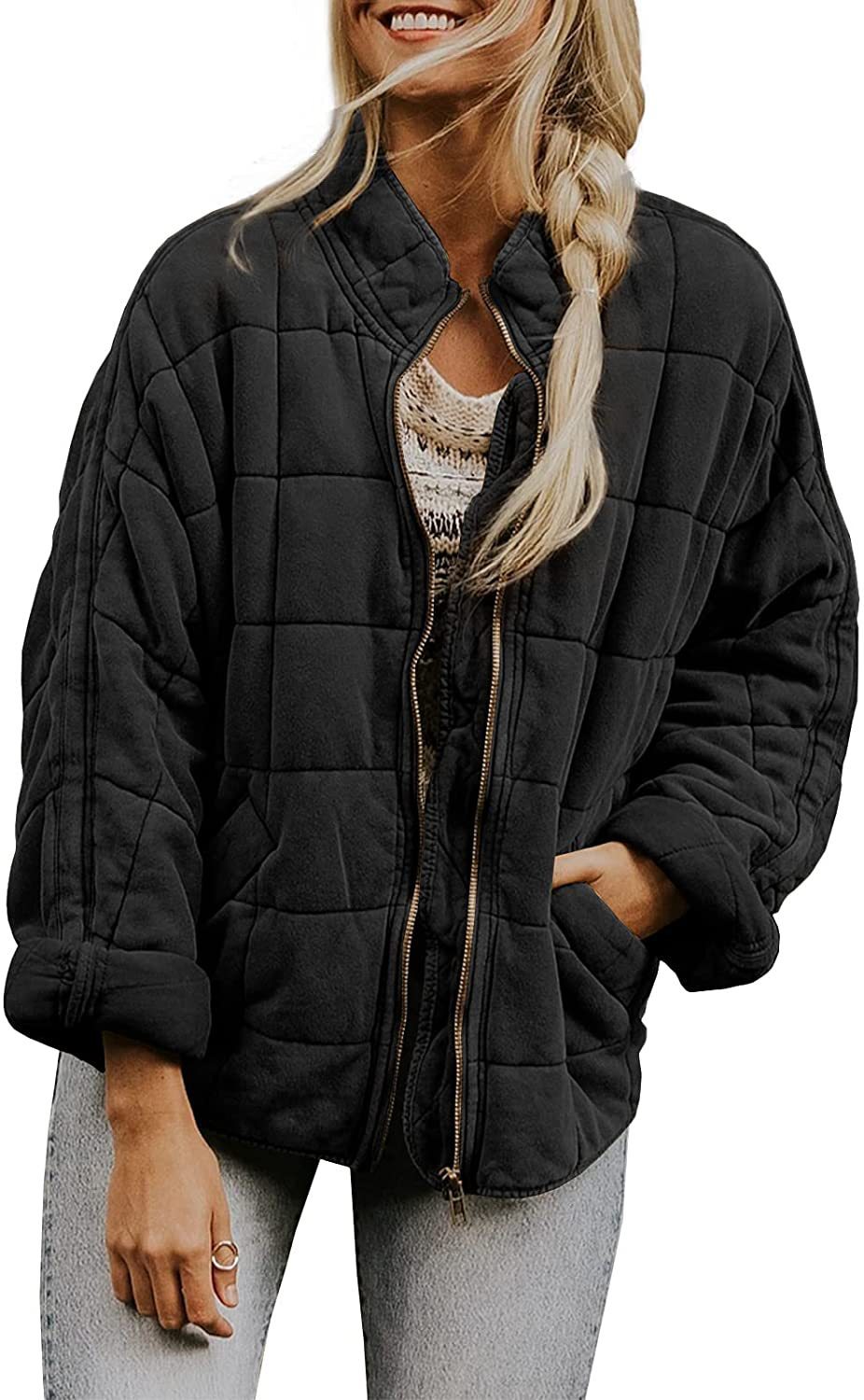 New Winter Zip-up Stand Collar Coat With Pockets Fashion Solid Color Plaid Long Sleeved Jacket Women's Clothing