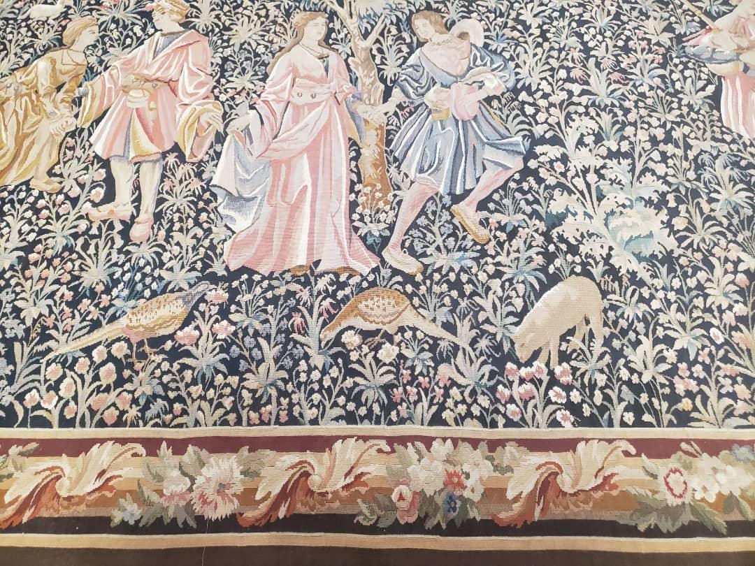 USED Vintage European Tapestry 5.4 x 7.11, Antique Style European Wall Hanging, Aubusson Weave Handmade Tapestry, Courtship Dating Scene, Animals