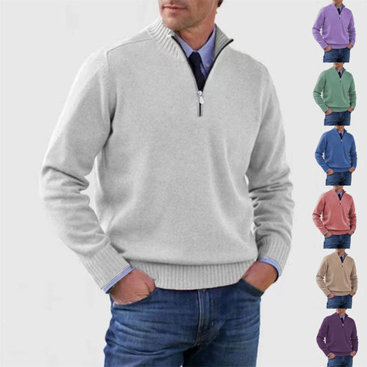 New Men's Stand Collar Zipper Sweater Winter Fashion Solid Color Long Sleeve Knitted Top Clothing