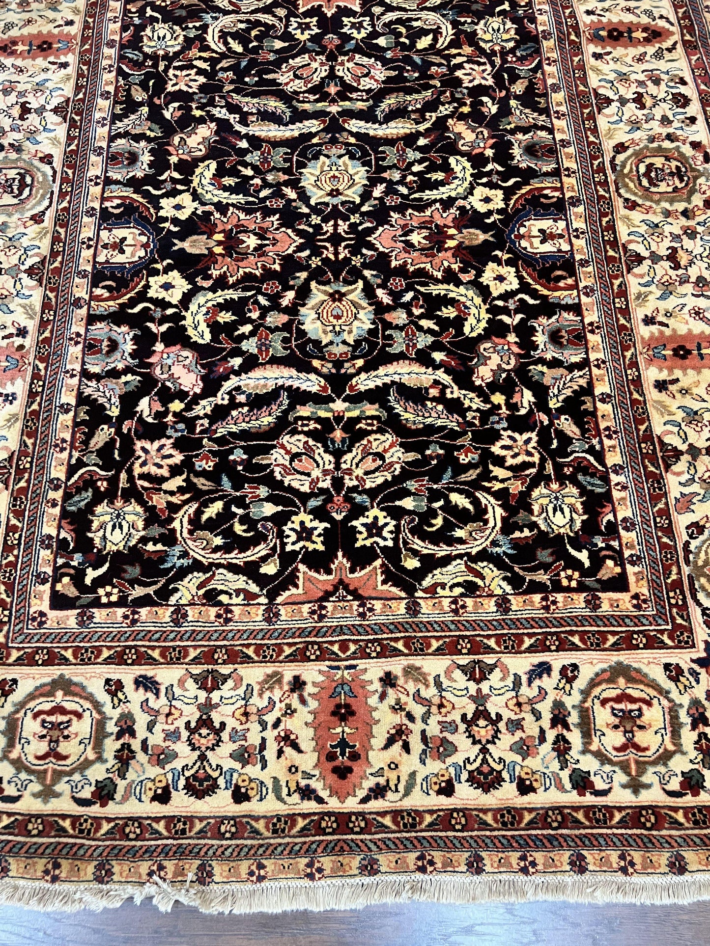 USED Indo Persian Rug 5x15, Wide Runner Rug 5 x 15 ft, Wool Hand Knotted Vintage Carpet, Black & Cream, Floral Allover Long Oriental Rug