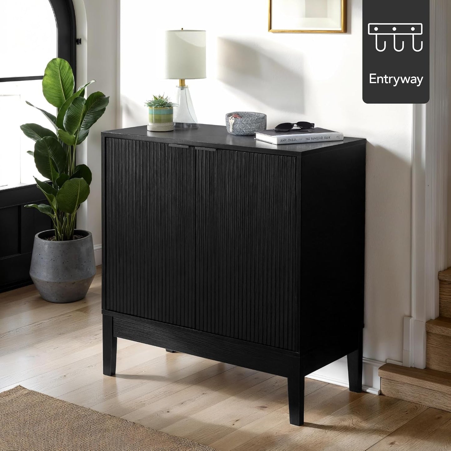 NEW Black Two Door Modern Entryway Storage Cabinet Reeded Doors