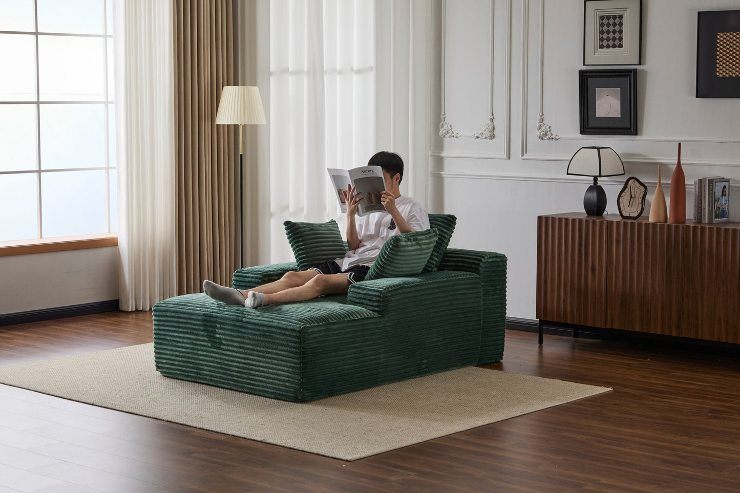 NEW Oversized Chaise Lounge Chair Cozy Cloud Couch Modern Plush Green Corduroy Upholstered Sleeper Sofa Daybed with 3 Throw Pillows and Wide Armrest