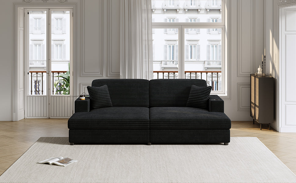 NEW Black Corduroy Oversized Loveseat Chaise Lounge Sectional Sofa Bed with USB Ports Cup Holders and Pillows