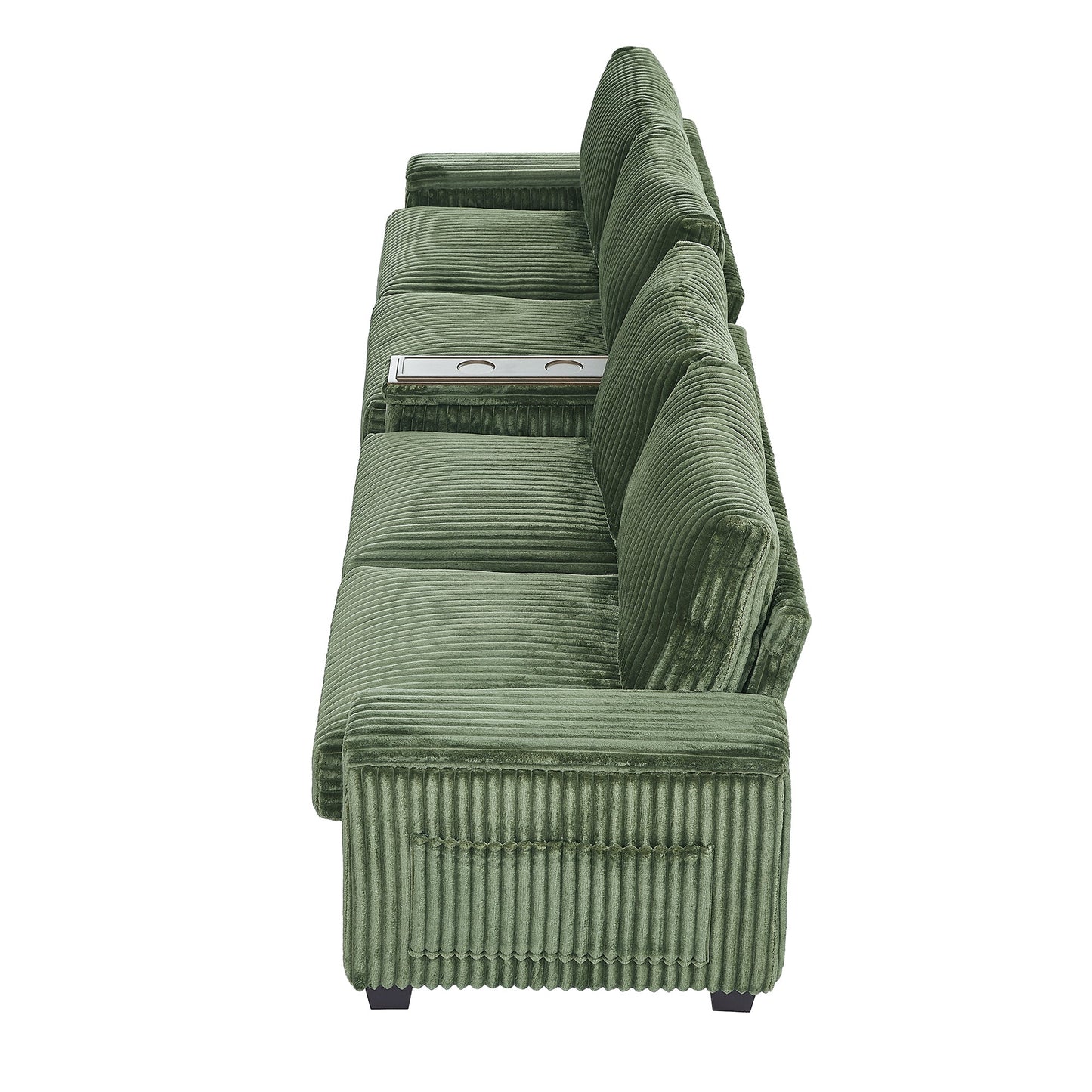 NEW Modern 4-Seater Green Corduroy Sofa with USB Ports Hidden Storage Arms and Flip-Top Cup Holders