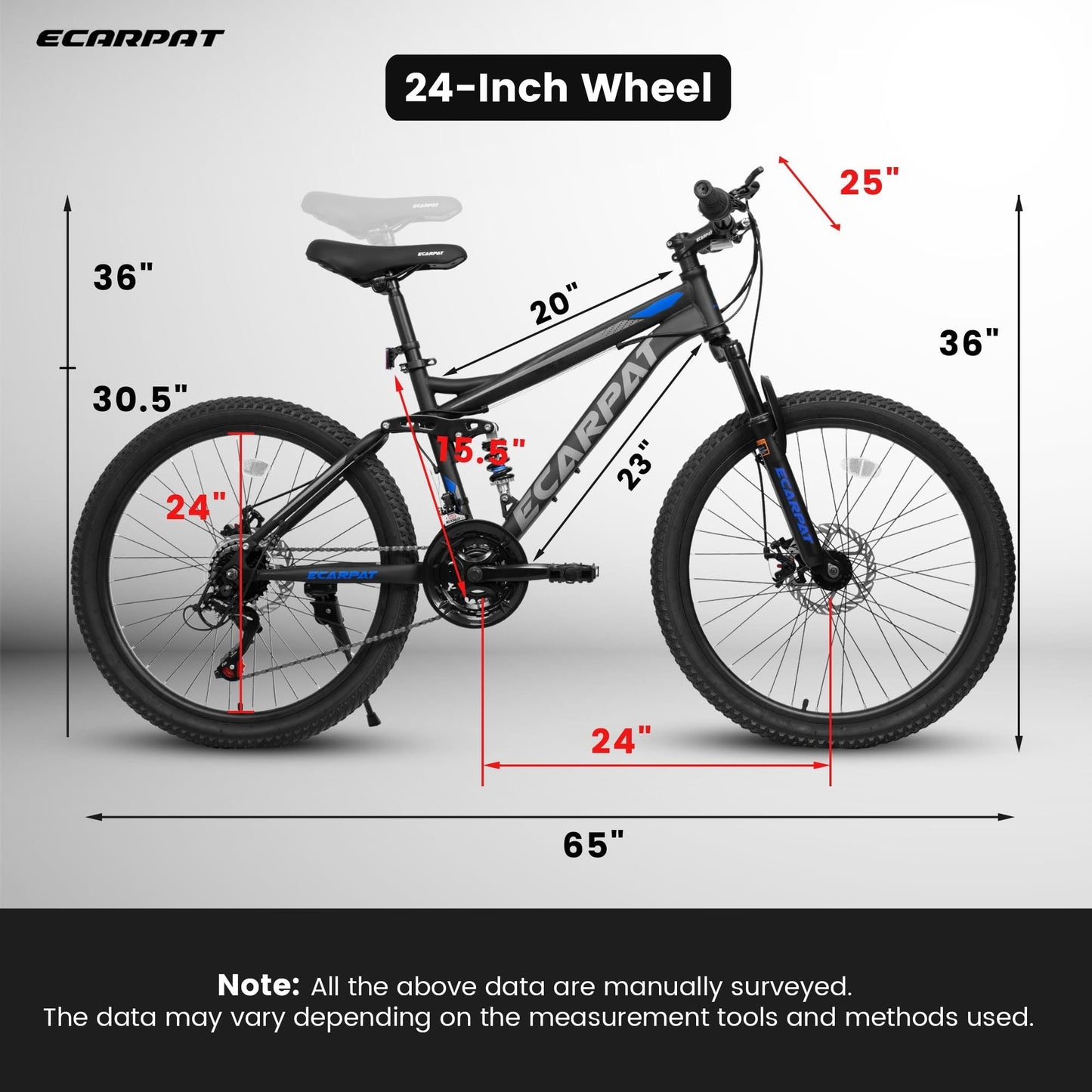 NEW A2460 24 Inch Mountain Bike with Full Suspension, 21 Speed Grip Shifters, High Carbon Steel Frame, Mechanical Disc Brakes, Unisex for Men/Women/ Adults, Ideal for Trails.