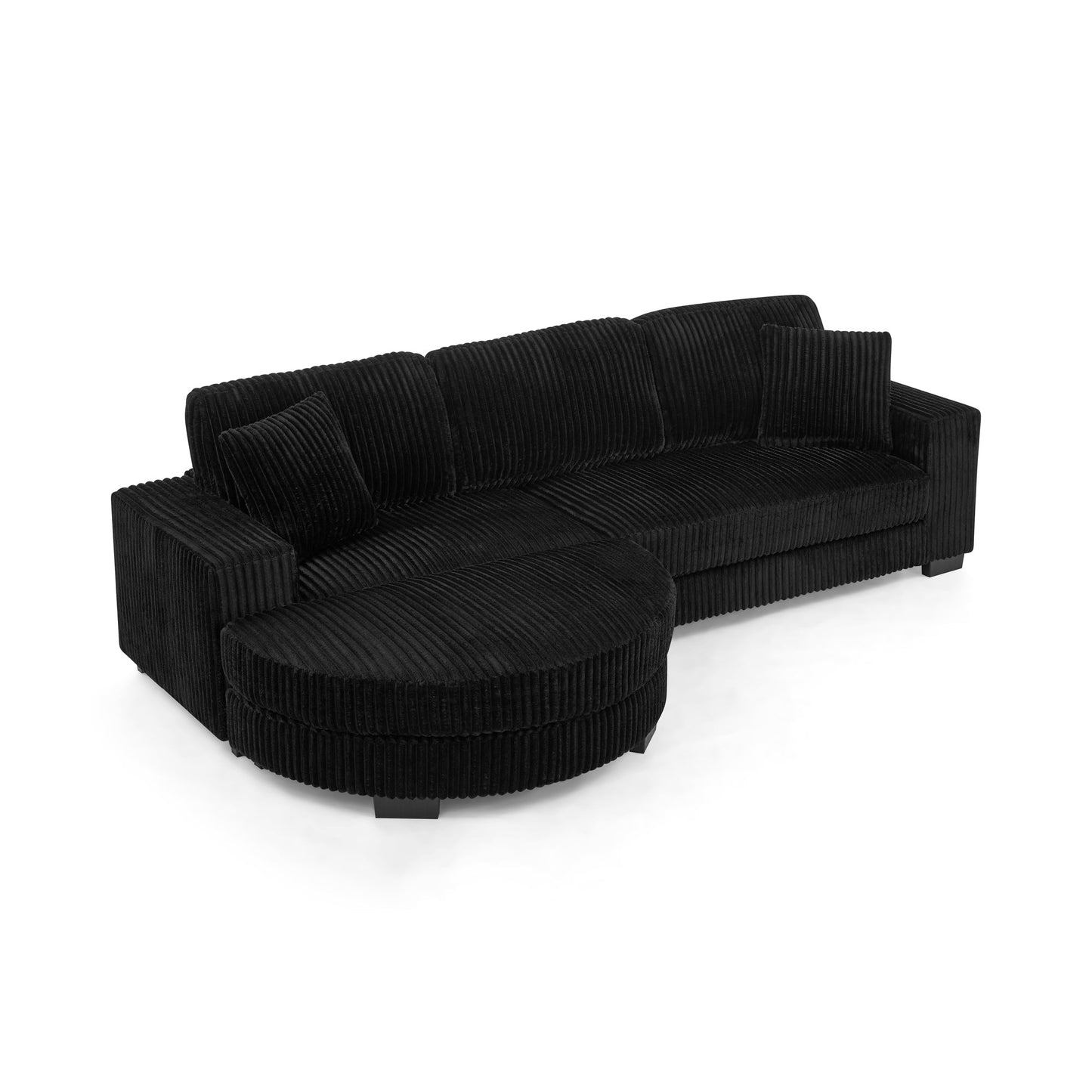 NEW Black Corduroy Tufted Upholstered Sleeper Sectional Sofa, L-Shaped Modular Convertible Sofa with Arc-Shaped Footstool