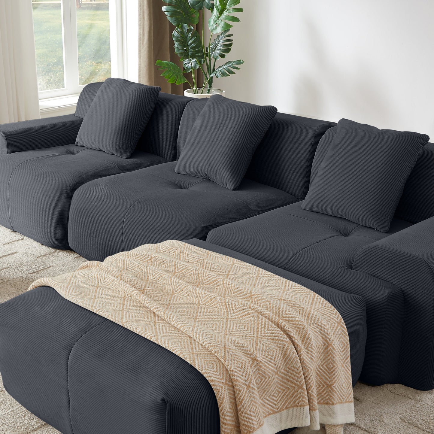 NEW Modern L-Shaped Modular Sectional Sofa with Corduroy Upholstery in Dark Gray, Oversized 3-Seater Couch with Deep Seat and Movable Ottoman – No Assembly Required