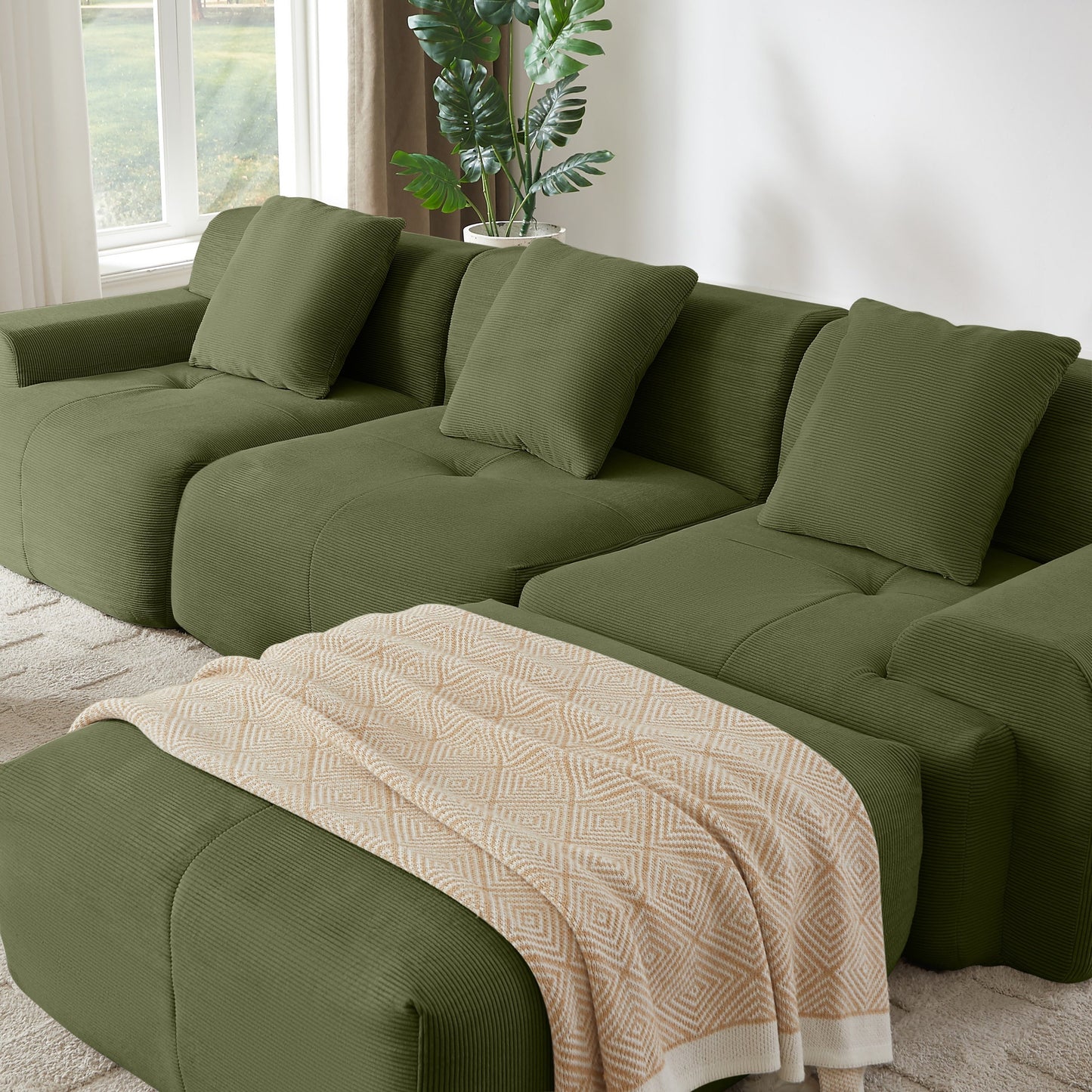 NEW Modern L-Shaped Modular Sectional Sofa in Green Corduroy, 113' Oversized 3-Seater with Deep Seat and Movable Ottoman – No Assembly Required