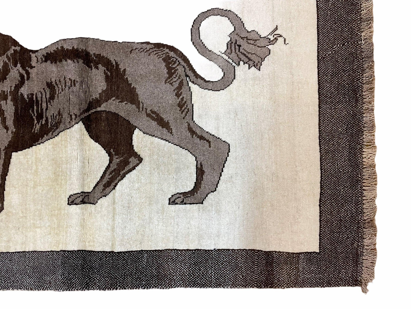 USED 3 x 5 Handmade Rug Brown Beige Hand-Knotted Lion Rug New Vintage Quality Animal