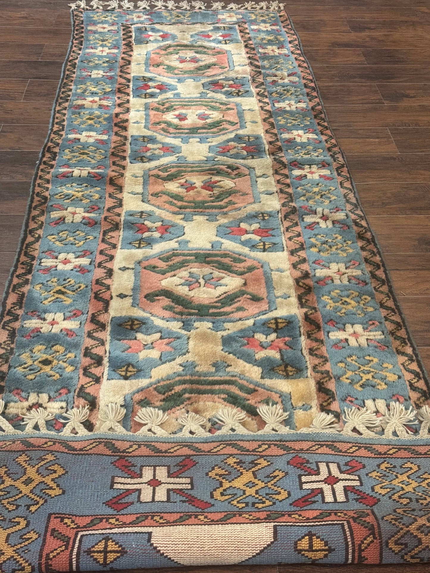 USED Turkish Kazak Runner Rug 3x11, Cream and Light Blue, Vintage