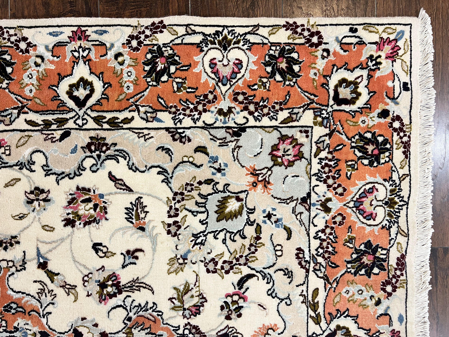 USED Persian Tabriz Rug 4.5  x 6.8, Finely Hand Knotted Wool with Silk Highlights Vintage Oriental Carpet, Cream and Salmon, High KPSI, Floral Medallion
