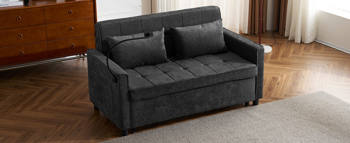 NEW Contemporary 56.9' Loveseat Sofa Bed Sleeper with Reversible Backrest, Side Pockets, USB Ports, Phone Holder, Black Chenille