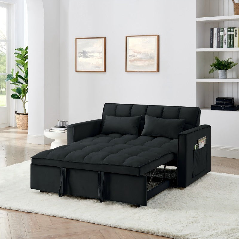 NEW 54.33 inch Versatile Foldable Modern Black Velvet Sofa Pull-out Bed Adjustable Back