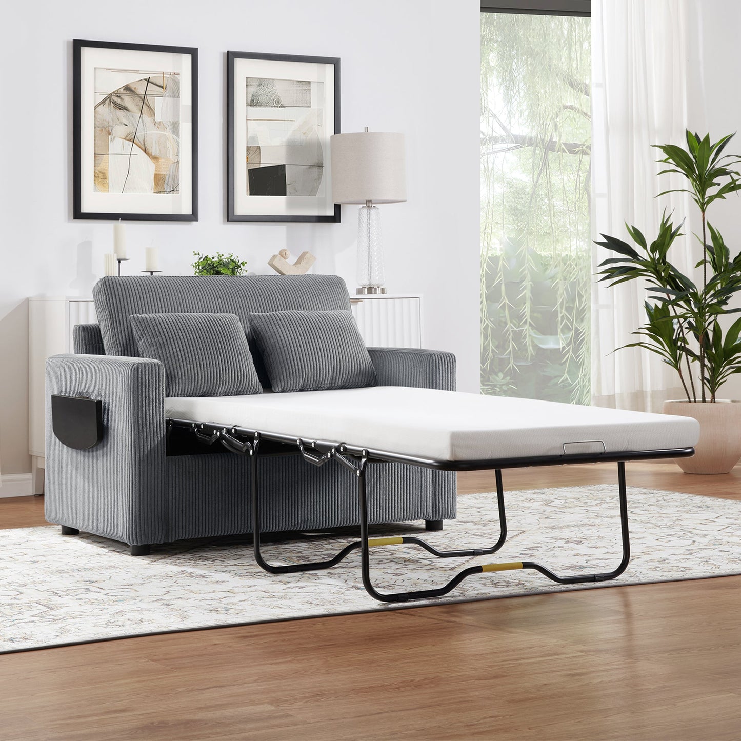 NEW Twin Size 47.2' Gray Corduroy Sleeper Loveseat Sofa Bed with Foldable Mattress USB Ports Side Table & Storage Pocket