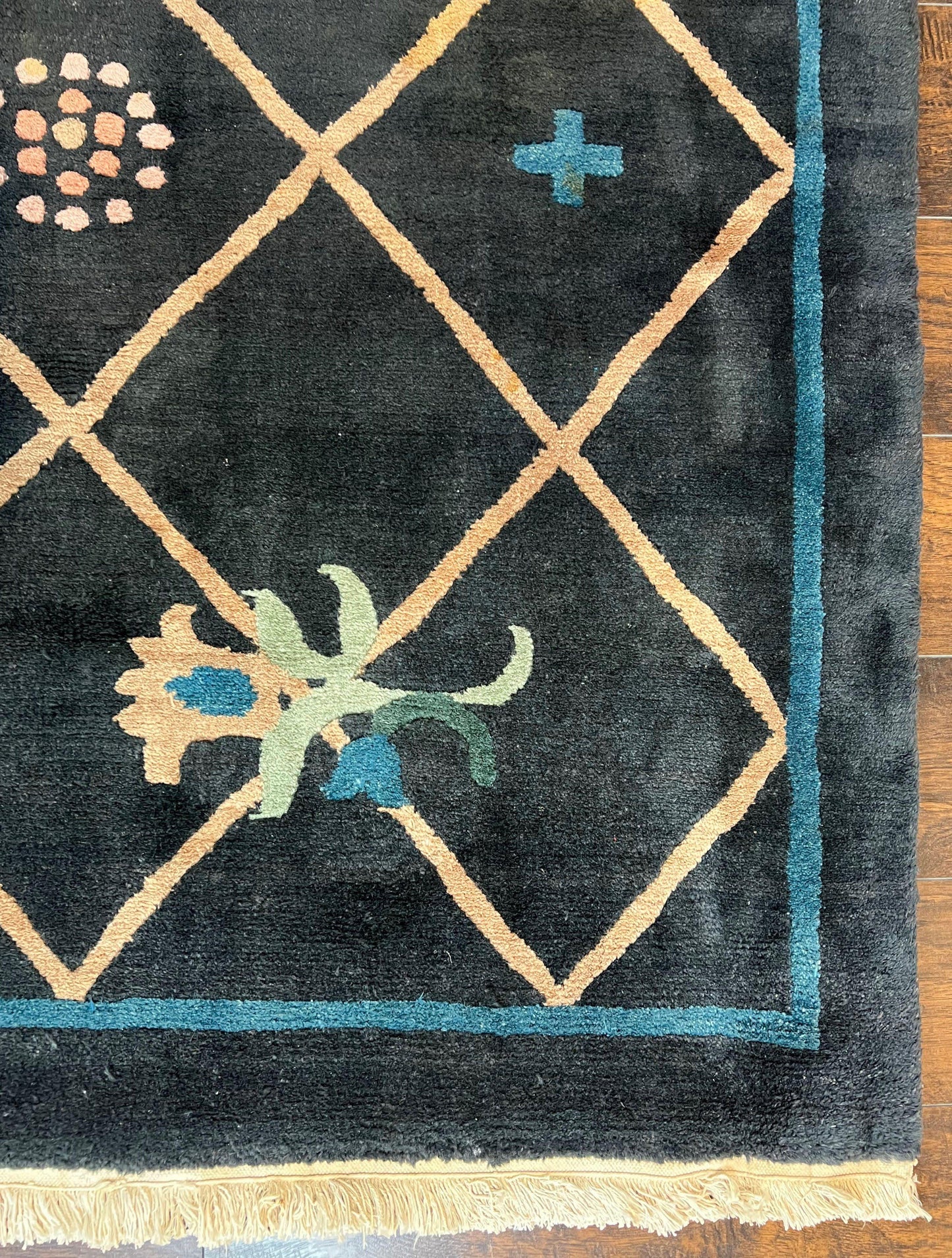 USED Tibetan Rug 9x12, Hand Knotted Tibet Nepali Contemporary Carpet 9 x 12 ft, Black and Tan, Handmade Area Rug Room Sized, Nepalese Rug