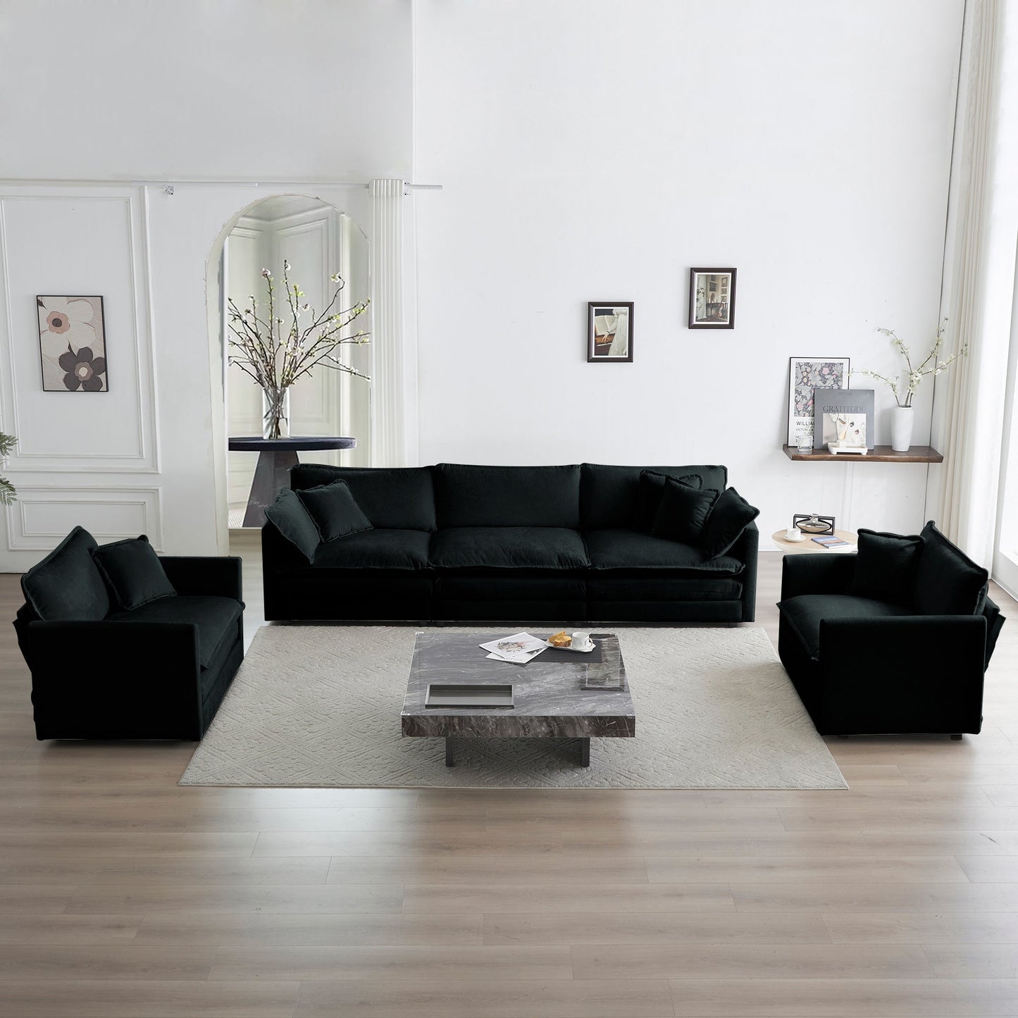 NEW Sofa Set of 3, 1+1+3 Seats Living Room Sofa Set, Accent Chair, Loveseat, and Three-Seat Sofa Modern Style Round Arms 3 Piece Sofa Set, Black Chenille